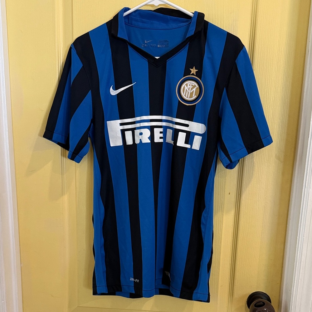 Nike Blue & Black Striped Soccer Jersey with Pirelli Logo